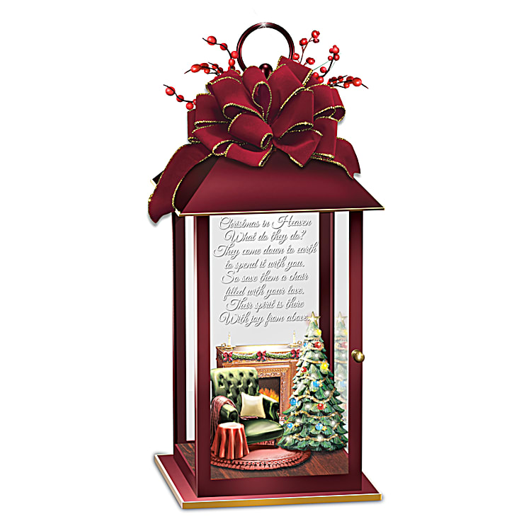 Christmas In Heaven Illuminated Memorial Lantern Adorned With A Festive Holiday Bow And Loving Sentiment And Featuring A Fully Sculpted Holiday Scene